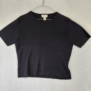 Talbots Vintage Black Pointelle Short Sleeve Knit Sweater Top Size S